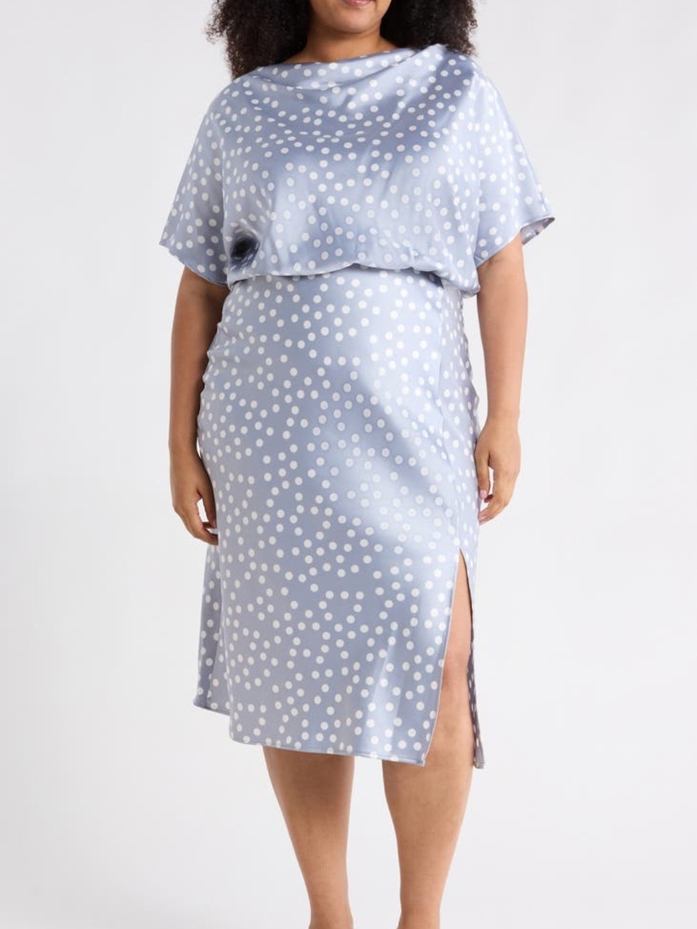Steel Blue Polka Dot Satin Midi Dress